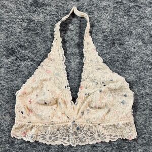 PINK Victoria's Secret Lace Halter Bralette Women M Cream Floral Lined Stretch